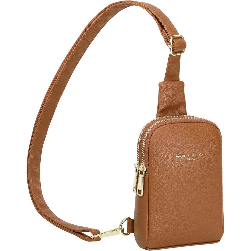 Women's Brown Synthetic Leather Fashion Long Strap Chest Bag With Zipper Pockets